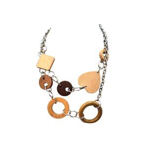 Wood & Metal Chunky Statement Necklace With Mixed Shapes